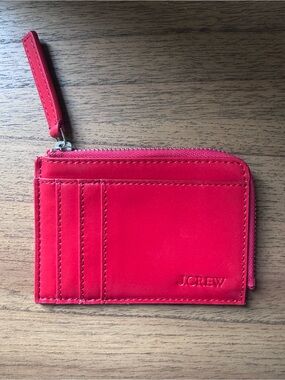J. Crew Bright Red Leather Zip Card Case